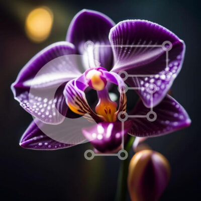 Intra Συλλεκτικό Ξύλινο Παζλ Plywood  4mm - Δραματικό μωβ λουλούδι ορχιδέας με σταγονίδια δροσιάς σε μαύρο φόντο Σε Ξύλινο Κουτί - Διαστάσεις: 10x10 cm – 25 κομμάτια - Image 1