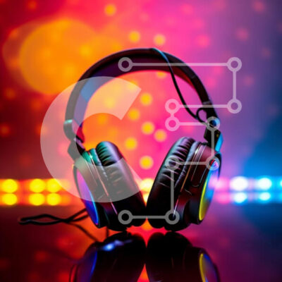 Intra Συλλεκτικό Ξύλινο Παζλ Plywood  4mm - Ζευγάρι πολύχρωμα ακουστικά με έντονα φώτα στο φόντο Σε Ξύλινο Κουτί - Διαστάσεις Puzzle: 10x10 cm – 25 κομμάτια - Image 1