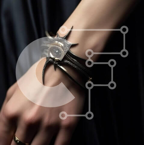 Intra Συλλεκτικό Ξύλινο Παζλ Plywood  4mm - Κοντινή εικόνα του γυναικείου χεριού που φορά ένα βραχιόλι με κρανίο και χιαστί Σε Ξύλινο Κουτί - Διαστάσεις Puzzle: 10x10 cm – 25 κομμάτια - Image 1