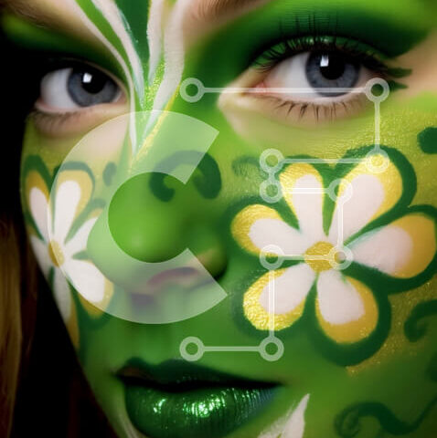 Intra Συλλεκτικό Ξύλινο Παζλ Plywood 4mm - Όμορφη γυναίκα με πράσινη και λευκή μπογιά προσώπου και πράσινο λουλουδάτο φόρεμα Σε Ξύλινο Κουτί - Διαστάσεις Puzzle: 10x10 cm – 25 κομμάτια - Image 1