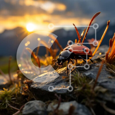 Intra Συλλεκτικό Ξύλινο Παζλ Plywood  4mm - Όμορφη εικόνα μιας πασχαλίτσας που στηρίζεται σε έναν βράχο στο ηλιοβασίλεμα με βουνά Σε Ξύλινο Κουτί - Διαστάσεις: 10x10 cm – 25 κομμάτια - Image 1