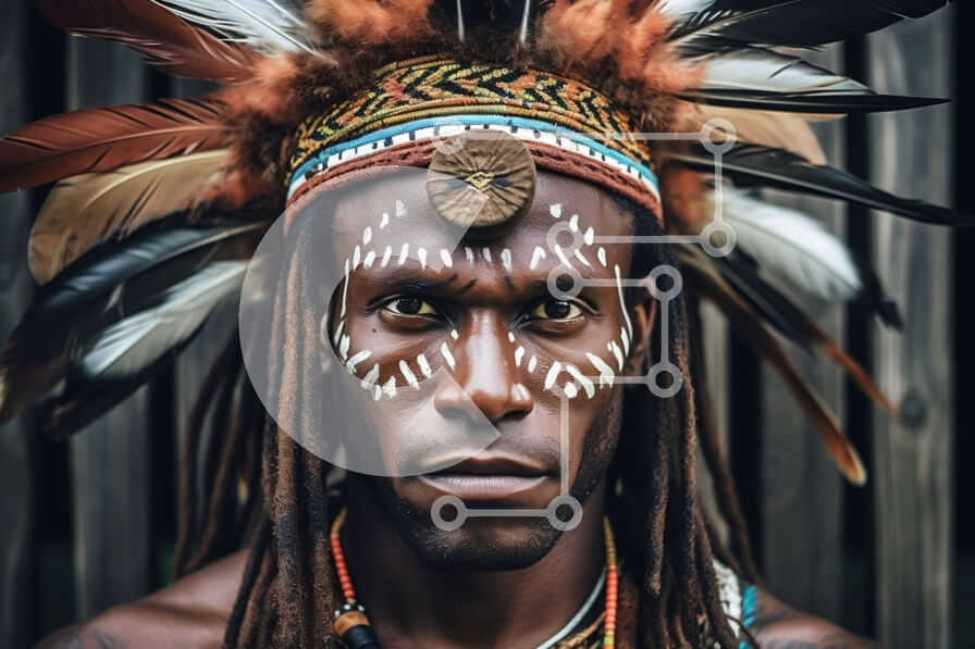 Intra Συλλεκτικό Ξύλινο Παζλ Plywood  4mm - Αυθεντική εικόνα ενός ιθαγενούς Αμερικανού άνδρα με παραδοσιακή κόμμωση και βαφή προσώπου Σε Ξύλινο Κουτί - Διαστάσεις Puzzle: 10x10 cm – 25 κομμάτια