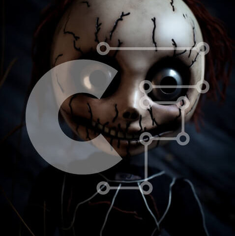 Intra Συλλεκτικό Ξύλινο Παζλ Plywood  4mm - Ανατριχιαστική κούκλα με μαύρα μαλλιά και κόκκινα μάτια Σε Ξύλινο Κουτί - Διαστάσεις Puzzle: 10x10 cm – 25 κομμάτια - Image 1