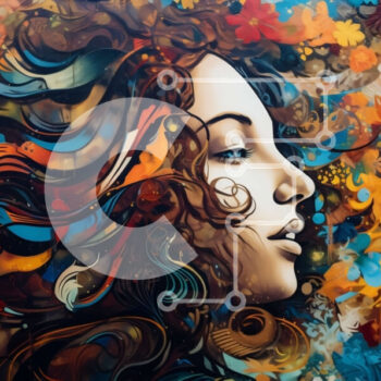 Intra Συλλεκτικό Ξύλινο Παζλ Plywood  4mm - Όμορφη εικόνα μιας γυναίκας με μακριά σγουρά μαλλιά σε ένα πολύχρωμο αφηρημένο φόντο Σε Ξύλινο Κουτί - Διαστάσεις Puzzle: 10x10 cm – 25 κομμάτια - Image 1