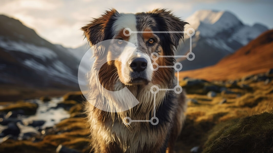 Intra Συλλεκτικό Ξύλινο Παζλ Plywood  4mm - Καφέ και λευκό σκυλί σε βραχώδες έδαφος με βουνά στο φόντο Σε Ξύλινο Κουτί - Διαστάσεις: 10x10 cm – 25 κομμάτια