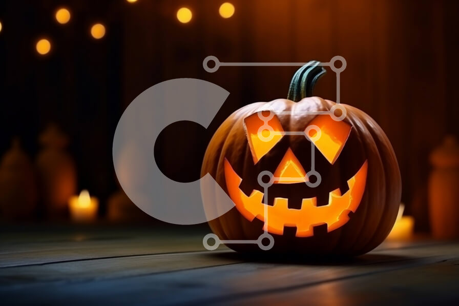 Intra Συλλεκτικό Ξύλινο Παζλ Plywood  4mm - Αναμμένη σκαλιστή κολοκύθα σε ξύλινο τραπέζι στο σκοτάδι Σε Ξύλινο Κουτί - Διαστάσεις Puzzle: 10x10 cm – 25 κομμάτια