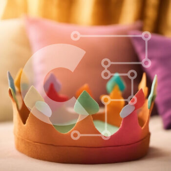 Intra Συλλεκτικό Ξύλινο Παζλ Plywood  4mm - Πολύχρωμο χάρτινο στέμμα στο κρεβάτι με κίτρινα και πορτοκαλί μαξιλάρια Σε Ξύλινο Κουτί - Διαστάσεις Puzzle: 10x10 cm – 25 κομμάτια - Image 1