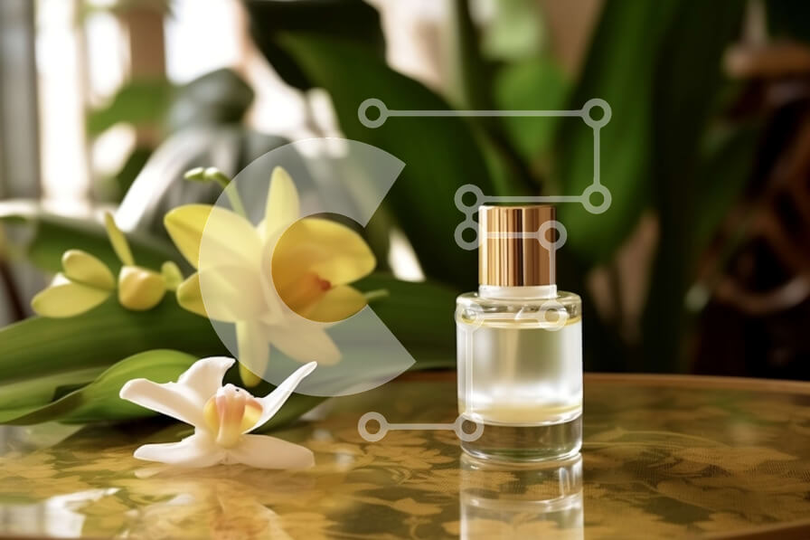 Intra Συλλεκτικό Ξύλινο Παζλ Plywood  4mm - Κομψό μπουκάλι αρώματος με λεπτό λουλούδι ορχιδέας Σε Ξύλινο Κουτί - Διαστάσεις Puzzle: 10x10 cm – 25 κομμάτια