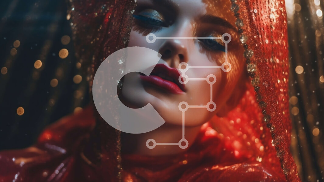 Intra Συλλεκτικό Ξύλινο Παζλ Plywood  4mm - Κόκκινο πέπλο και κραγιόν: Μια εντυπωσιακή λήψη ομορφιάς σε σκούρο αστραφτερό φόντο Σε Ξύλινο Κουτί - Διαστάσεις Puzzle: 10x10 cm – 25 κομμάτια