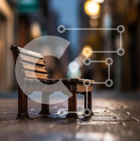 Intra Συλλεκτικό Ξύλινο Παζλ Plywood 4mm - Γραφική σκηνή από παλιό ξύλινο παγκάκι σε ένα πεζοδρόμιο σε μια πολυσύχναστη οδό της πόλης Σε Ξύλινο Κουτί - Διαστάσεις Puzzle: 10x10 cm – 25 κομμάτια - Image 1