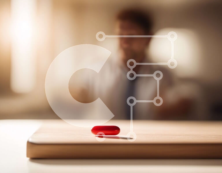 Intra Συλλεκτικό Ξύλινο Παζλ Plywood  4mm - Άτομο που στέκεται μπροστά από το τραπέζι με το κόκκινο χάπι Σε Ξύλινο Κουτί - Διαστάσεις Puzzle: 10x10 cm – 25 κομμάτια