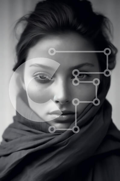 Intra Συλλεκτικό Ξύλινο Παζλ Plywood  4mm - Σοβαρή γυναίκα με μαύρο κασκόλ που κοιτάζει κατευθείαν την κάμερα Σε Ξύλινο Κουτί - Διαστάσεις Puzzle: 10x10 cm – 25 κομμάτια