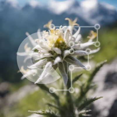 Intra Συλλεκτικό Ξύλινο Παζλ Plywood 4mm - Λευκό λουλούδι στο βραχώδες βουνό με τις χιονισμένες κορυφές Σε Ξύλινο Κουτί - Διαστάσεις: 10x10 cm – 25 κομμάτια - Image 1