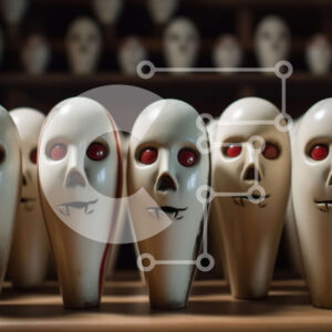 Intra Συλλεκτικό Ξύλινο Παζλ Plywood  4mm - Ξύλινα κρανία με κόκκινα μάτια στο ράφι Σε Ξύλινο Κουτί - Διαστάσεις Puzzle: 10x10 cm – 25 κομμάτια