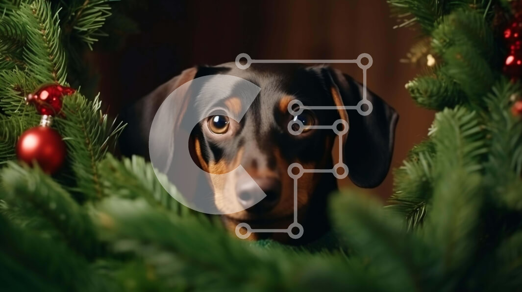 Intra Συλλεκτικό Ξύλινο Παζλ Plywood  4mm - Σκύλος Dachshund που κρυφοκοιτάζει πίσω από το χριστουγεννιάτικο δέντρο Σε Ξύλινο Κουτί - Διαστάσεις: 10x10 cm – 25 κομμάτια