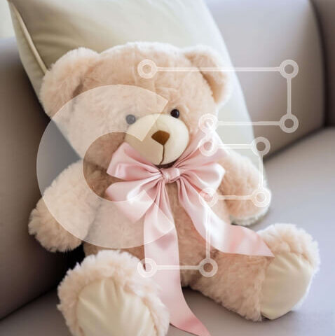 Intra Συλλεκτικό Ξύλινο Παζλ Plywood  4mm - Καφέ αρκουδάκι με ροζ φιόγκο που κάθεται στον καναπέ Σε Ξύλινο Κουτί - Διαστάσεις: 10x10 cm – 25 κομμάτια - Image 1