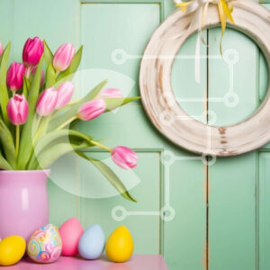 Intra Συλλεκτικό Ξύλινο Παζλ Plywood  4mm - Πασχαλινή διακόσμηση με ροζ τουλίπες, στεφάνι και πολύχρωμα αυγά Σε Ξύλινο Κουτί - Διαστάσεις Puzzle: 10x10 cm – 25 κομμάτια