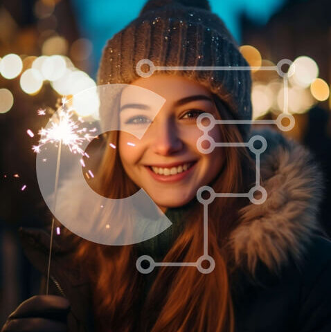 Intra Συλλεκτικό Ξύλινο Παζλ Plywood 4mm - Χαμογελαστή γυναίκα που διασκεδάζει με το βεγγαλικό Σε Ξύλινο Κουτί - Διαστάσεις Puzzle: 10x10 cm – 25 κομμάτια - Image 1