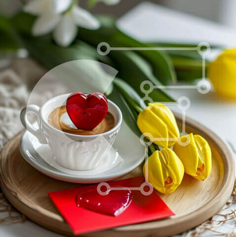 Intra Συλλεκτικό Ξύλινο Παζλ Plywood 4mm - Φλιτζάνι καφέ με αφρό σε σχήμα καρδιάς και τουλίπες την ημέρα του Αγίου Βαλεντίνου Σε Ξύλινο Κουτί - Διαστάσεις: 10x10 cm – 25 κομμάτια - Image 1