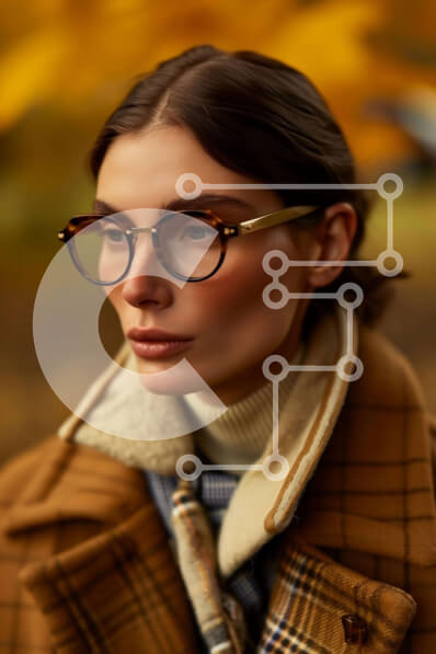 Intra Συλλεκτικό Ξύλινο Παζλ Plywood  4mm - Γυναίκα με γυαλιά που ποζάρει μπροστά από το φθινοπωρινό δέντρο Σε Ξύλινο Κουτί - Διαστάσεις Puzzle: 10x10 cm – 25 κομμάτια