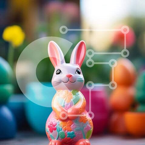 Intra Συλλεκτικό Ξύλινο Παζλ Plywood  4mm - Πολύχρωμο ειδώλιο λαγουδάκι σε ξύλινο τραπέζι με γλάστρες και μπολ Σε Ξύλινο Κουτί - Διαστάσεις Puzzle: 10x10 cm – 25 κομμάτια - Image 1