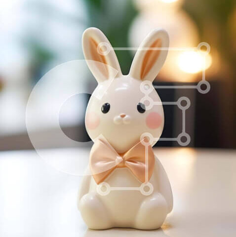 Intra Συλλεκτικό Ξύλινο Παζλ Plywood 4mm - Μικρό λευκό λαγουδάκι με πορτοκαλί παπιγιόν στο τραπέζι Σε Ξύλινο Κουτί - Διαστάσεις: 10x10 cm – 25 κομμάτια - Image 1