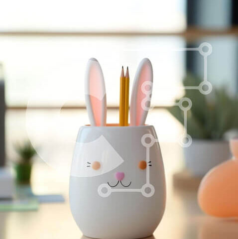 Intra Συλλεκτικό Ξύλινο Παζλ Plywood  4mm - Λευκή θήκη μολυβιού σε σχήμα κουνελιού σε τραπέζι γραφείου με φυτά Σε Ξύλινο Κουτί - Διαστάσεις: 10x10 cm – 25 κομμάτια - Image 1