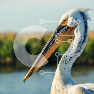 Intra Συλλεκτικό Ξύλινο Παζλ Plywood  4mm - Λευκός πελεκάνος που στέκεται δίπλα στο νερό με ορατό μακρύ ράμφος Σε Ξύλινο Κουτί - Διαστάσεις: 10x10 cm – 25 κομμάτια - Image 1