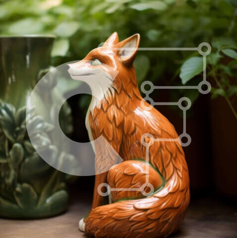 Intra Συλλεκτικό Ξύλινο Παζλ Plywood  4mm - Πορτοκαλί ειδώλιο αλεπούς και πράσινα βάζα σε ένα ξύλινο τραπέζι Σε Ξύλινο Κουτί - Διαστάσεις: 10x10 cm – 25 κομμάτια - Image 1