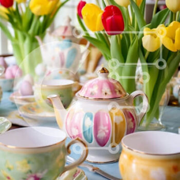 Intra Συλλεκτικό Ξύλινο Παζλ Plywood  4mm - Τραπέζι ανοιξιάτικο Tea Party με τουλίπες και πασχαλινά αυγά Σε Ξύλινο Κουτί - Διαστάσεις Puzzle: 10x10 cm – 25 κομμάτια - Image 1