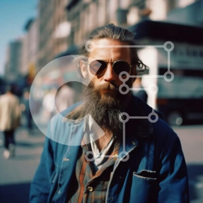 Intra Συλλεκτικό Ξύλινο Παζλ Plywood  4mm - Πορτρέτο ενός γενειοφόρου άνδρα που φοράει γυαλιά ηλίου σε έναν δρόμο της πόλης Σε Ξύλινο Κουτί - Διαστάσεις Puzzle: 10x10 cm – 25 κομμάτια - Image 1