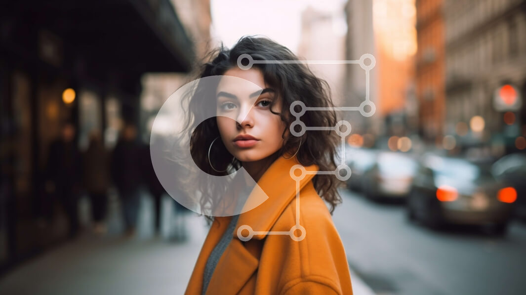 Intra Συλλεκτικό Ξύλινο Παζλ Plywood  4mm - Όμορφη εικόνα μιας νεαρής γυναίκας με ένα πορτοκαλί παλτό σε έναν δρόμο της πόλης Σε Ξύλινο Κουτί - Διαστάσεις Puzzle: 10x10 cm – 25 κομμάτια