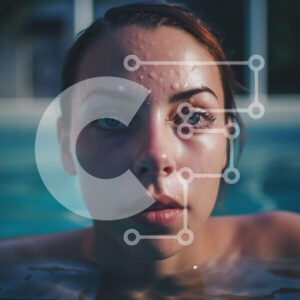 Intra Συλλεκτικό Ξύλινο Παζλ Plywood  4mm - Νεαρή γυναίκα με μαύρο μαγιό που επιπλέει στην καθαρή πισίνα στο ηλιοβασίλεμα Σε Ξύλινο Κουτί - Διαστάσεις Puzzle: 10x10 cm – 25 κομμάτια