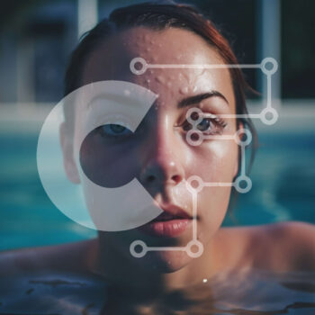 Intra Συλλεκτικό Ξύλινο Παζλ Plywood  4mm - Νεαρή γυναίκα με μαύρο μαγιό που επιπλέει στην καθαρή πισίνα στο ηλιοβασίλεμα Σε Ξύλινο Κουτί - Διαστάσεις Puzzle: 10x10 cm – 25 κομμάτια - Image 1