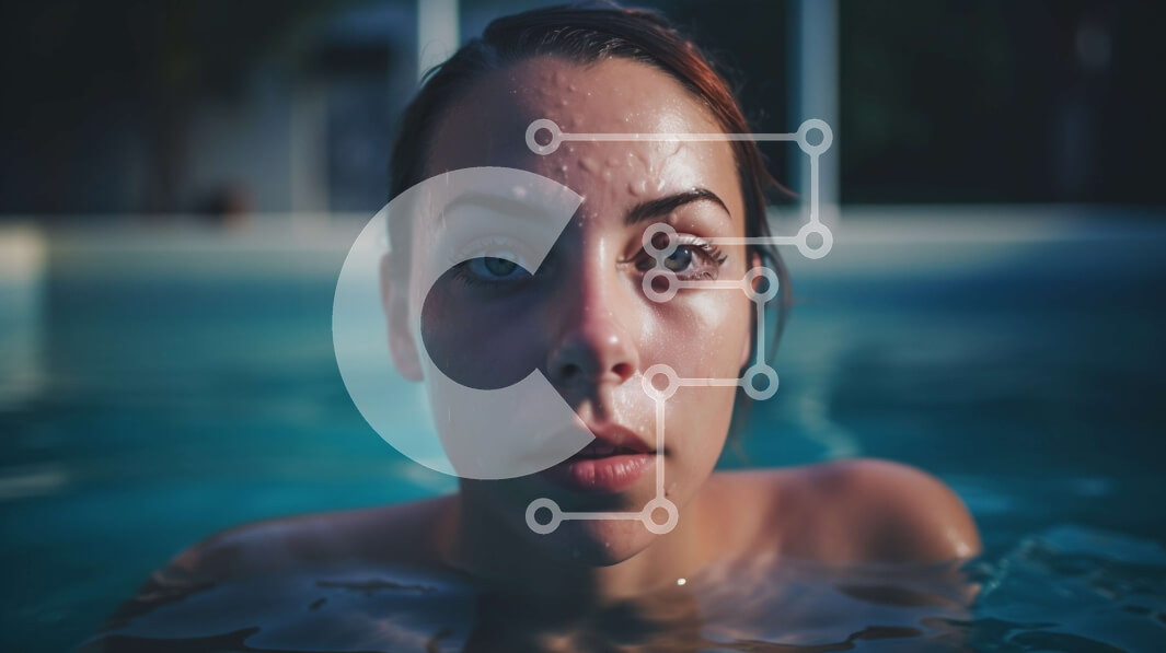 Intra Συλλεκτικό Ξύλινο Παζλ Plywood  4mm - Νεαρή γυναίκα με μαύρο μαγιό που επιπλέει στην καθαρή πισίνα στο ηλιοβασίλεμα Σε Ξύλινο Κουτί - Διαστάσεις Puzzle: 10x10 cm – 25 κομμάτια