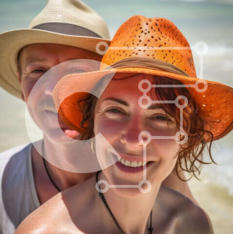 Intra Συλλεκτικό Ξύλινο Παζλ Plywood  4mm - Ευτυχισμένο ζευγάρι στην παραλία με καπέλα και χαμογελαστό Σε Ξύλινο Κουτί - Διαστάσεις Puzzle: 10x10 cm – 25 κομμάτια - Image 1