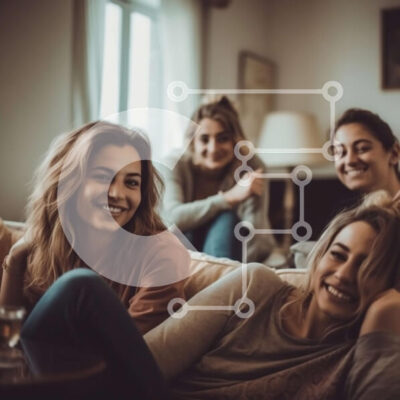 Intra Συλλεκτικό Ξύλινο Παζλ Plywood  4mm - Διασκέδαση και φιλία: Τέσσερις γυναίκες που γελούν σε έναν καναπέ στο σαλόνι Σε Ξύλινο Κουτί - Διαστάσεις Puzzle: 10x10 cm – 25 κομμάτια - Image 1