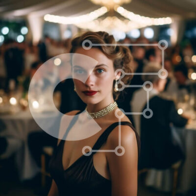 Intra Συλλεκτικό Ξύλινο Παζλ Plywood  4mm - Γυναίκα με καφέ φόρεμα που στέκεται μπροστά σε ανθρώπους που τρώνε και μιλάνε Σε Ξύλινο Κουτί - Διαστάσεις Puzzle: 10x10 cm – 25 κομμάτια - Image 1