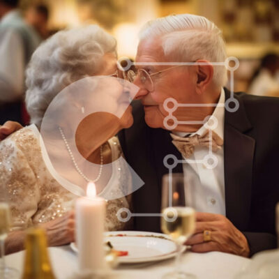 Intra Συλλεκτικό Ξύλινο Παζλ Plywood  4mm - Ρομαντική εικόνα ενός ηλικιωμένου ζευγαριού με επίσημη ενδυμασία σε ένα φανταχτερό εστιατόριο Σε Ξύλινο Κουτί - Διαστάσεις Puzzle: 10x10 cm – 25 κομμάτια - Image 1