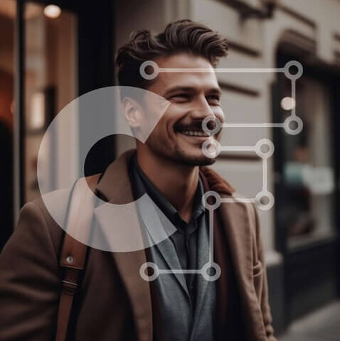 Intra Συλλεκτικό Ξύλινο Παζλ Plywood  4mm - Άνδρας με καφέ παλτό που περπατά και χαμογελά στην κάμερα Σε Ξύλινο Κουτί - Διαστάσεις Puzzle: 10x10 cm – 25 κομμάτια - Image 1