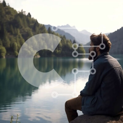 Intra Συλλεκτικό Ξύλινο Παζλ Plywood  4mm - Εκπληκτικό τοπίο ενός άνδρα που κάθεται δίπλα στη λίμνη με βουνά σε απόσταση Σε Ξύλινο Κουτί - Διαστάσεις: 10x10 cm – 25 κομμάτια - Image 1