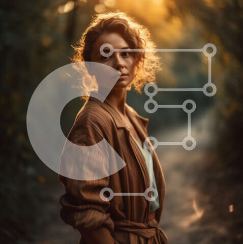 Intra Συλλεκτικό Ξύλινο Παζλ Plywood  4mm - Εκπληκτική εικόνα γυναίκας με καφέ παλτό στο ηλιοβασίλεμα στο δάσος Σε Ξύλινο Κουτί - Διαστάσεις: 10x10 cm – 25 κομμάτια - Image 1