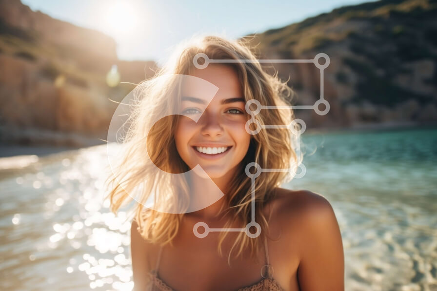 Intra Συλλεκτικό Ξύλινο Παζλ Plywood  4mm - Χαμογελαστή νεαρή γυναίκα με μπικίνι σε μια βραχώδη παραλία Σε Ξύλινο Κουτί - Διαστάσεις Puzzle: 10x10 cm – 25 κομμάτια