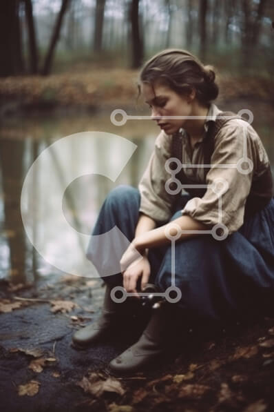 Intra Συλλεκτικό Ξύλινο Παζλ Plywood  4mm - Γυναίκα που κάθεται στο έδαφος κοντά στο νερό φαίνεται λυπημένη Σε Ξύλινο Κουτί - Διαστάσεις Puzzle: 10x10 cm – 25 κομμάτια