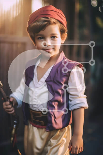 Intra Συλλεκτικό Ξύλινο Παζλ Plywood  4mm - Αξιολάτρευτη φωτογραφία νεαρού αγοριού ντυμένου Αλαντίν με σπαθί μπροστά στο ηλιοβασίλεμα Σε Ξύλινο Κουτί - Διαστάσεις Puzzle: 10x10 cm – 25 κομμάτια