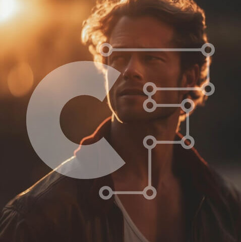 Intra Συλλεκτικό Ξύλινο Παζλ Plywood  4mm - Άνδρας με δερμάτινο μπουφάν με σπαστά μαλλιά και τσιμπημένη γενειάδα που στέκεται στο ηλιοβασίλεμα Σε Ξύλινο Κουτί - Διαστάσεις Puzzle: 10x10 cm – 25 κομμάτια - Image 1