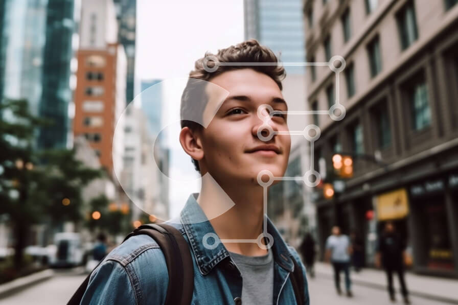 Intra Συλλεκτικό Ξύλινο Παζλ Plywood  4mm - Νεαρός άνδρας με τζιν μπουφάν που στέκεται στην οδό της πόλης Σε Ξύλινο Κουτί - Διαστάσεις Puzzle: 10x10 cm – 25 κομμάτια