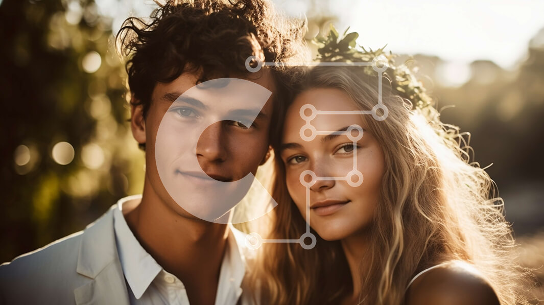 Intra Συλλεκτικό Ξύλινο Παζλ Plywood  4mm - Ευτυχισμένο νεαρό ζευγάρι σε ένα χωράφι με κορώνες λουλουδιών στο ηλιοβασίλεμα Σε Ξύλινο Κουτί - Διαστάσεις Puzzle: 10x10 cm – 25 κομμάτια