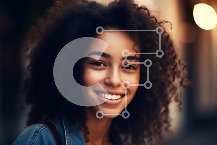 Intra Συλλεκτικό Ξύλινο Παζλ Plywood  4mm - Όμορφη εικόνα μιας χαμογελαστής νεαρής γυναίκας με σγουρά μαλλιά σε εξωτερικούς χώρους το σούρουπο Σε Ξύλινο Κουτί - Διαστάσεις Puzzle: 10x10 cm – 25 κομμάτια