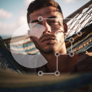 Intra Συλλεκτικό Ξύλινο Παζλ Plywood  4mm - Σοβαρός άνδρας με ριγέ πουκάμισο που χαλαρώνει στην αιώρα στην παραλία Σε Ξύλινο Κουτί - Διαστάσεις Puzzle: 10x10 cm – 25 κομμάτια